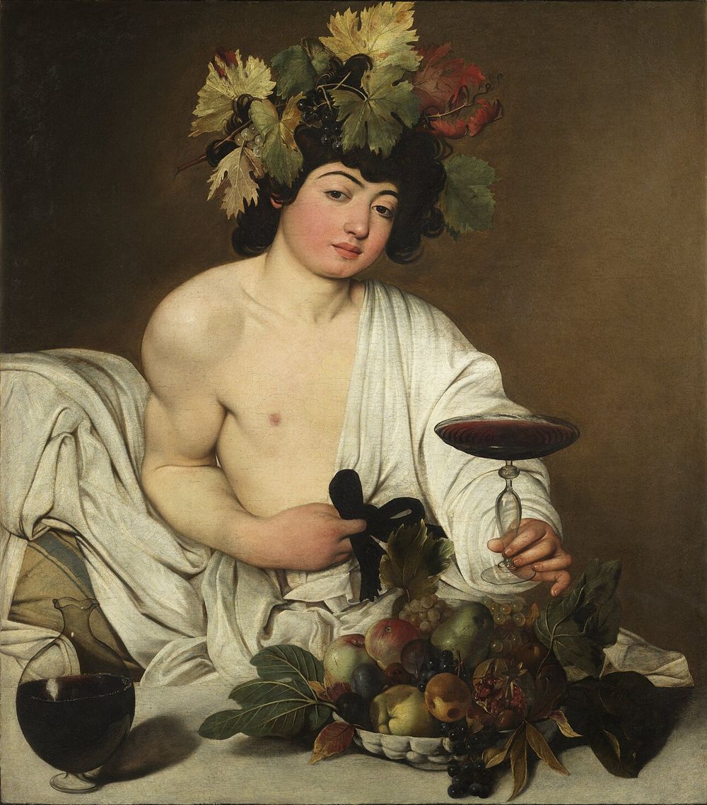 Caravaggio, Bacchus, c. 1596. A young Bacchus holds out a glass of red wine to the viewer.